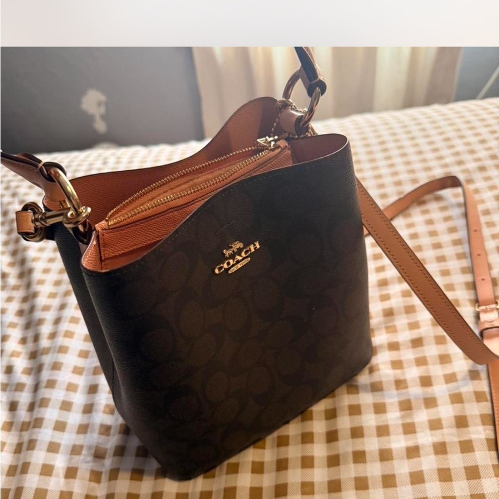 COACH Brown Signature Canvas Crossbody Bag with Tan Trim